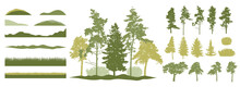 Constructor Kit. Silhouettes Of Beautiful Spruce Trees, Pine, Other Trees, Grass, Hill. Creation Of Spring Beautiful Park, Forest, Landscape, Woodland, Collection Of Element. Vector Illustration.