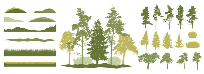 constructor kit. silhouettes of beautiful spruce trees, pine, other trees, grass, hill. creation of 