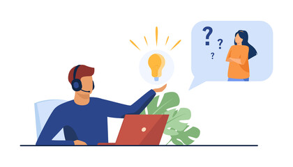 Wall Mural - operator giving answer to puzzled user. man in headset holding shining lightbulb. flat vector illust