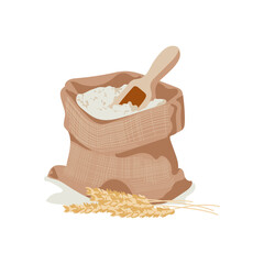 Flour with scoop in burlap sack. Bag of wheat white flour. Product for baking and bread making flat vector illustration on white background