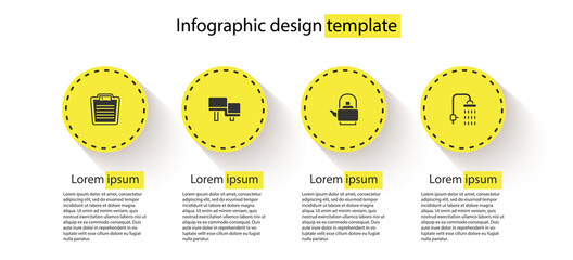 Sticker - Set Bathroom scales, Sauna wood bench, Kettle with handle and Shower. Business infographic template. Vector.