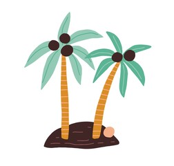 Island with two coconut palm trees with growing fruits and fallen coco nut. Hand-drawn tropical cocopalms. Exotic plants. Colored flat vector illustration isolated on white background