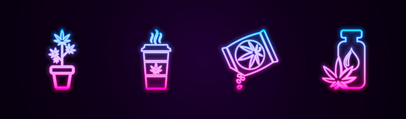 Sticker - Set line Marijuana plant in pot, Cup coffee with marijuana, or cannabis seeds and leaf oil. Glowing neon icon. Vector.