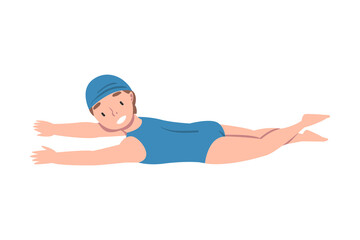 Poster - Girl Swimming in Pool, Cute Kid Swimmer Dressed Blue Swimsuit and Cap Training at Swimming Class, Healthy Lifestyle, Water Activities Concept Cartoon Style Vector Illustration