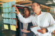 © bnenin - Two entrepreneurs discussing ideas while working with post it notes on a glass wall.