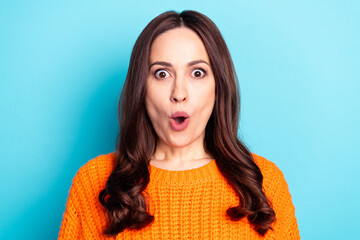 Sticker - Photo of shocked person open mouth look camera wear sweater isolated on pastel blue color background