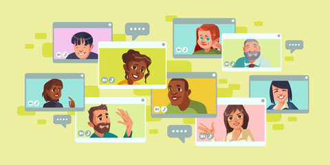 Wall Mural - video conference screen with group of people. online communication of team or friends, virtual busin