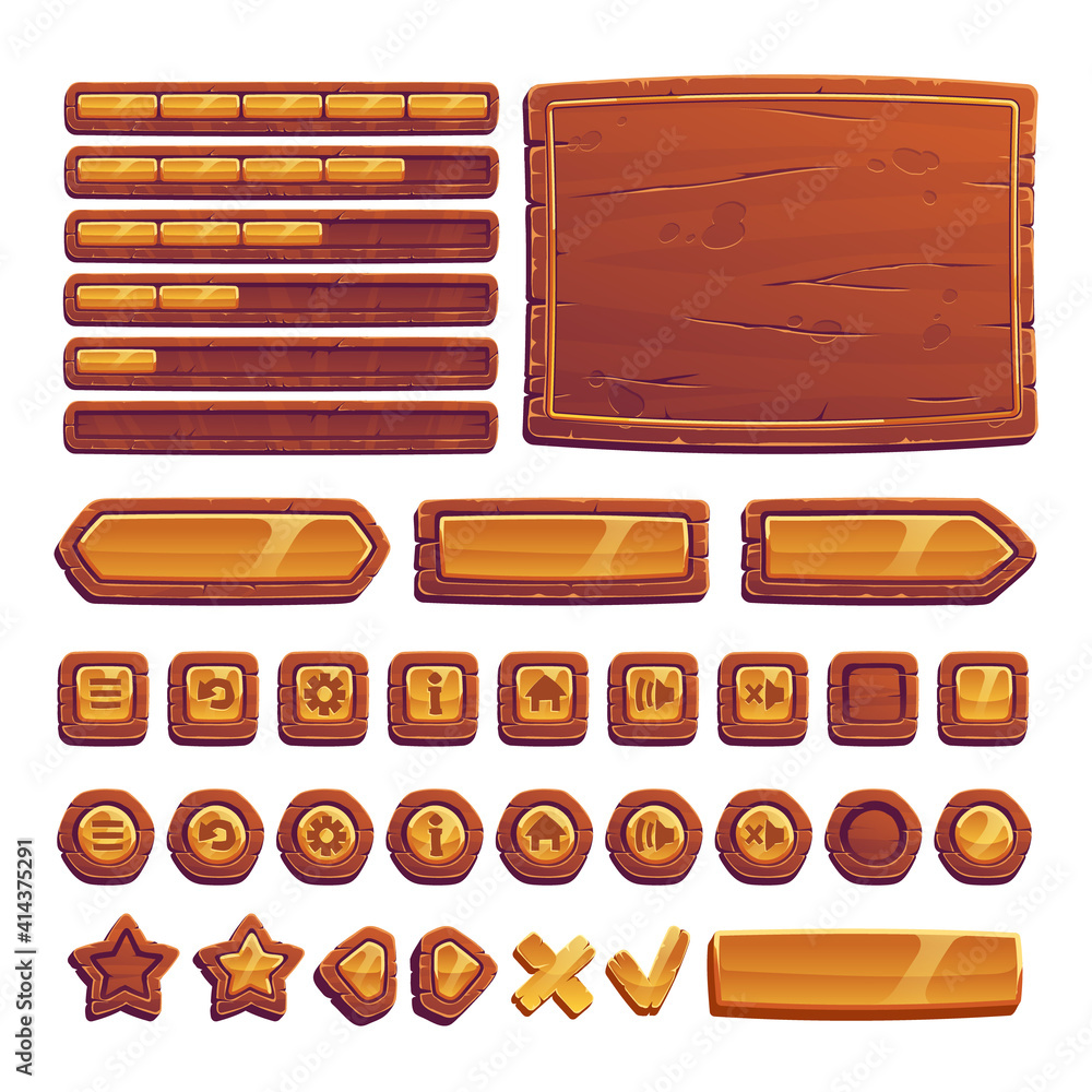 Wooden and gold buttons for ui game, gui elements isolated on white ...