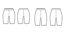 Set Of Bike Shorts Technical Fashion Illustration With Normal, Low Waist, High Rise, Thigh Length. Flat Sport Pants, Casual Knit Trousers Apparel Template Front, Back White Color. Women Men CAD Mockup