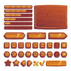 Wall Mural - Wooden and gold buttons for ui game, gui elements isolated on white background. Vector cartoon kit of brown banners, golden menu buttons in wood frame, arrows and progress bar for mobile game