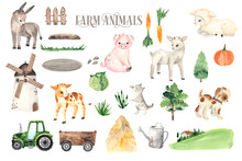 Watercolor Farm Animals Elements With Cute Little Donkey, Pig, Goat, Sheep, Cow, Cat, Dog, Mill, Tractor