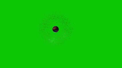Wall Mural - flying planet with circle of asteroides isolated on green backgroung. endless loop animation. top view.