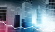 stock market graphs and statistics in a modern city. Skylines. Stock trading and financial market. 3d illustration.