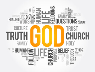 GOD word cloud collage, religion concept background