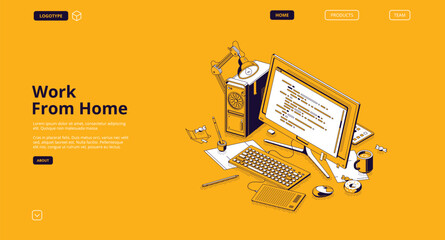 Work from home isometric landing page, programmer workspace, domestic office, freelancer table with computer monitor with coding data, coffee and stationery on desk , 3d vector line art web banner
