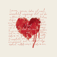 Sticker - Religious banner or Easter greeting card with inscription Christ died for our sins. Creative vector illustration of abstract red heart with bloody drips on a background of handwritten text Lorem ipsum