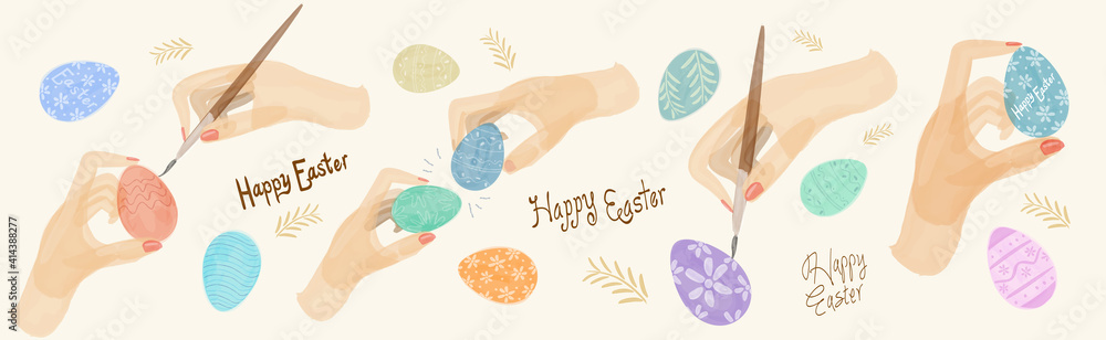 Easter cards, watercolor, vector. Set of vector illustrations for Easter holiday. Hands and brush, painting eggs for the Easter holiday. - obrazy, fototapety, plakaty 