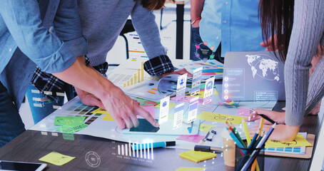 close up ux developer and ui designer use augmented reality app brainstorming about mobile interface