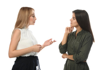 Poster - Young women in casual clothes talking on white background