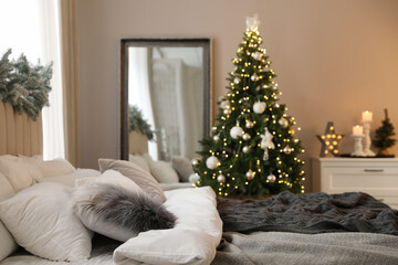 Sticker - Festive bedroom interior with decorated Christmas tree