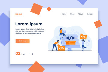 Wall Mural - tiny developers programming website for internet platform flat vector illustration. cartoon programm