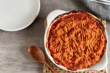 Healthy traditional shepherd pie made with mashed sweet potatoes