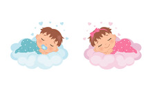 Cute Baby Girl And Boy Sleeping On A Cloud. Illustration For Baby Shower, Gender Reveal, Birthday Party. Flat Vector Design.