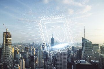 Double exposure of creative artificial Intelligence interface on New York city skyscrapers background. Neural networks and machine learning concept