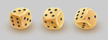 Set Of 3d Golden Dice From Three Different Sides On White Gray Background. Concept For Casino, Gamble Design. Vector Illustration For Card, Party, Flyer, Poster, Decor, Banner, Web, Advertising.
