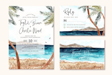 Wedding Invitation Set With Beach And Palm Tree Watercolor Background