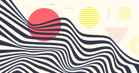 Poster - Abstract wavy background with circle ornaments. Distorted lines vector design. Geometric pattern.
