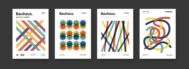 Poster - Minimal bauhaus moden posters set. Abstract geometric striped pattern. Business presentation vector A4 covers collection. Simple cubism composition.