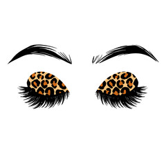 Wall Mural - Long black lashes vector illustration. Leopard print eyeshadow. Beautiful Eyelashes isolated on white. For beauty salon, lash extensions maker. Closed eyes. Fashion illustration