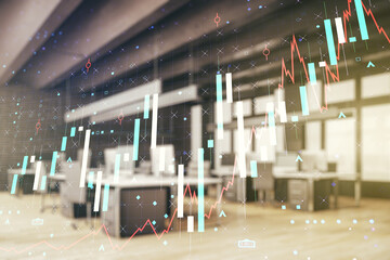 Abstract virtual financial graph hologram on a modern furnished classroom background, financial and trading concept. Multiexposure