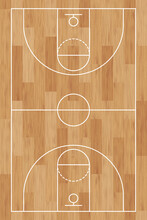 Basketball Court. Wooden Floor. Background Painted With Line And Basket. Basketball Field. Sport Play. Overhead View. Texture With Wood Pattern. Playground Top Plan. Vertical Wooden Board. Vector 
