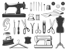 Tailor And Seamstress Tools, Sewing Equipment Set. Retro And Modern Sewing Machine, Tailor And Embroidery Scissors, Thread Nipper, Pinking Shears And Tracing Wheel, Needles And Pins, Dress Form Vector