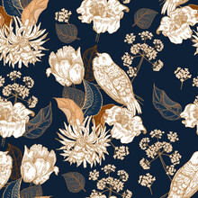 Seamless Pattern With Flowers. Blue Vintage Background.