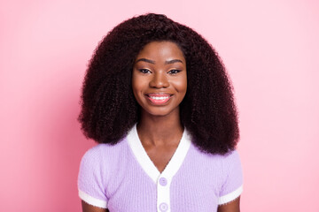 Poster - Portrait of attractive content cheerful wavy-haired girl wearing wool blouse isolated over pink pastel color background