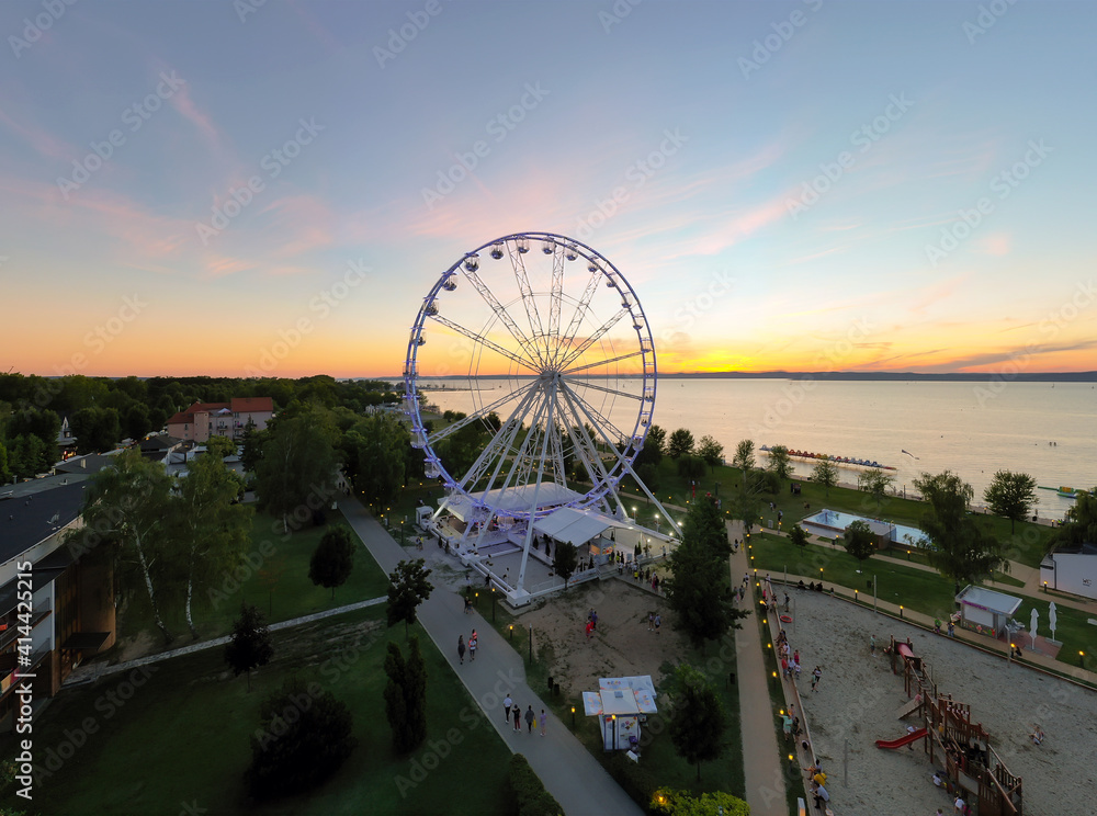 Aerial panoramic photo about the golden beach of siofok city in hungary ...