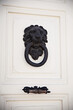 A black, lion  knocker on a white wall