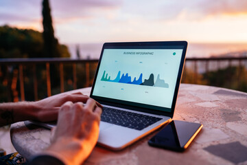 Faceless man working on laptop on terrace