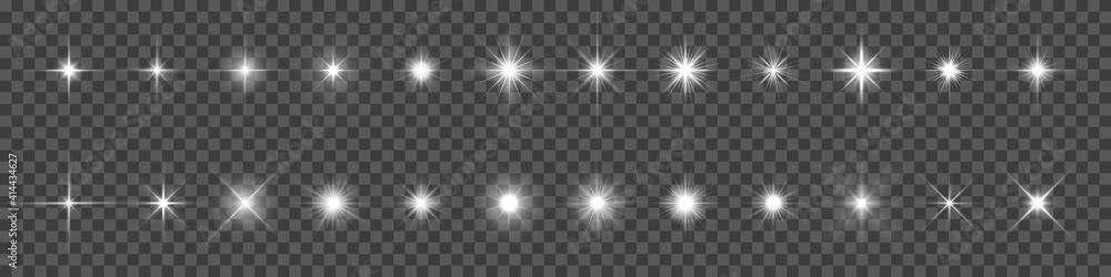 Sparkling star, vector glowing star light effect. Glitter magic star sparks on transparent background. - obrazy, fototapety, plakaty 