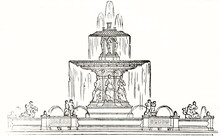 Front View Of Monumental Fountain In Place De La Concorde, Paris. Isolated Element On White Background. Ancient Black And White Etching Style Art By Unidentified Author, Magasin Pittoresque, 1838