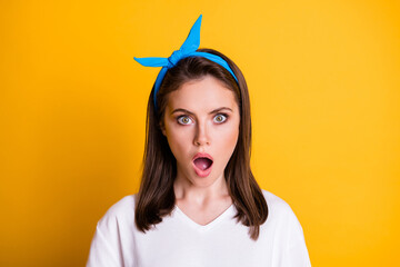 Sticker - Photo of surprised girl staring camera open mouth wear blue headband white t-shirt isolated yellow color background