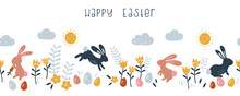 Lovely Hand Drawn Easter Horizontal Seamless Pattern, Doodle Bunnies, Eggs And Flowers, Great For Banners, Wallpapers, Wrapping, Textiles - Vector Design