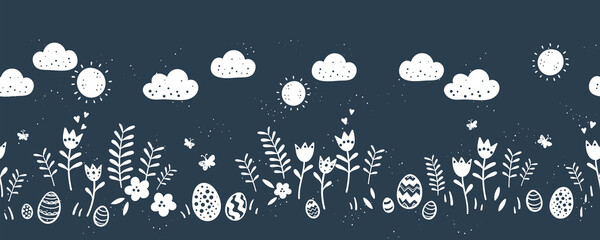 Wall Mural - Lovely hand drawn Easter horizontal seamless pattern, doodle bunnies, eggs and flowers, great for banners, wallpapers, wrapping, textiles - vector design