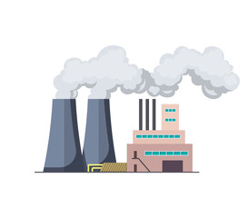 Factori or power plant flat design of illustration. Manufactory industrial building refinery factory or Nuclear Power Station. Building big of plant or factory with pipe smoke