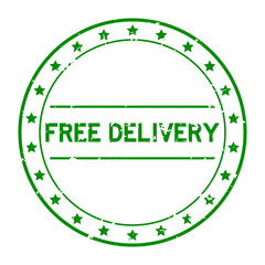 Sticker - Grunge green free delivery word round rubber seal stamp on white background