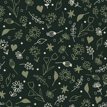 Seamless Vector Pattern With Small Grey Flowers On Dark Green Background. Simple Hand Drawn Floral Wallpaper Design. Decorative  Summer Meadow Fashion Textile.
