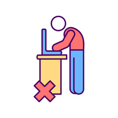 Sticker - Awkward working posture RGB color icon. Performing work activities. Bad body positioning prevention. Unnatural movement. Musculoskeletal disorders risk factor. Isolated vector illustration